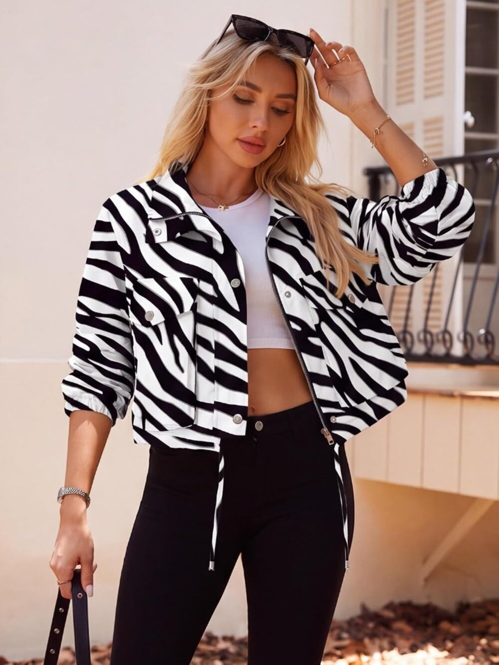 Women's black White Zebra Lightweight Cropped Anorak Coat Zip Up Bomber Jacket - Picture 3 of 6